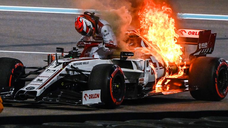 Unbelievable: A race car driven by Sauber’s Kimi-Matias Räikkönen catches fire during racing…