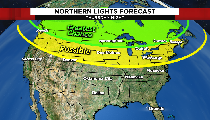 Upcoming Chances to See the Northern Lights: The Northern Lights sites around the United States are shown on this week’s map.